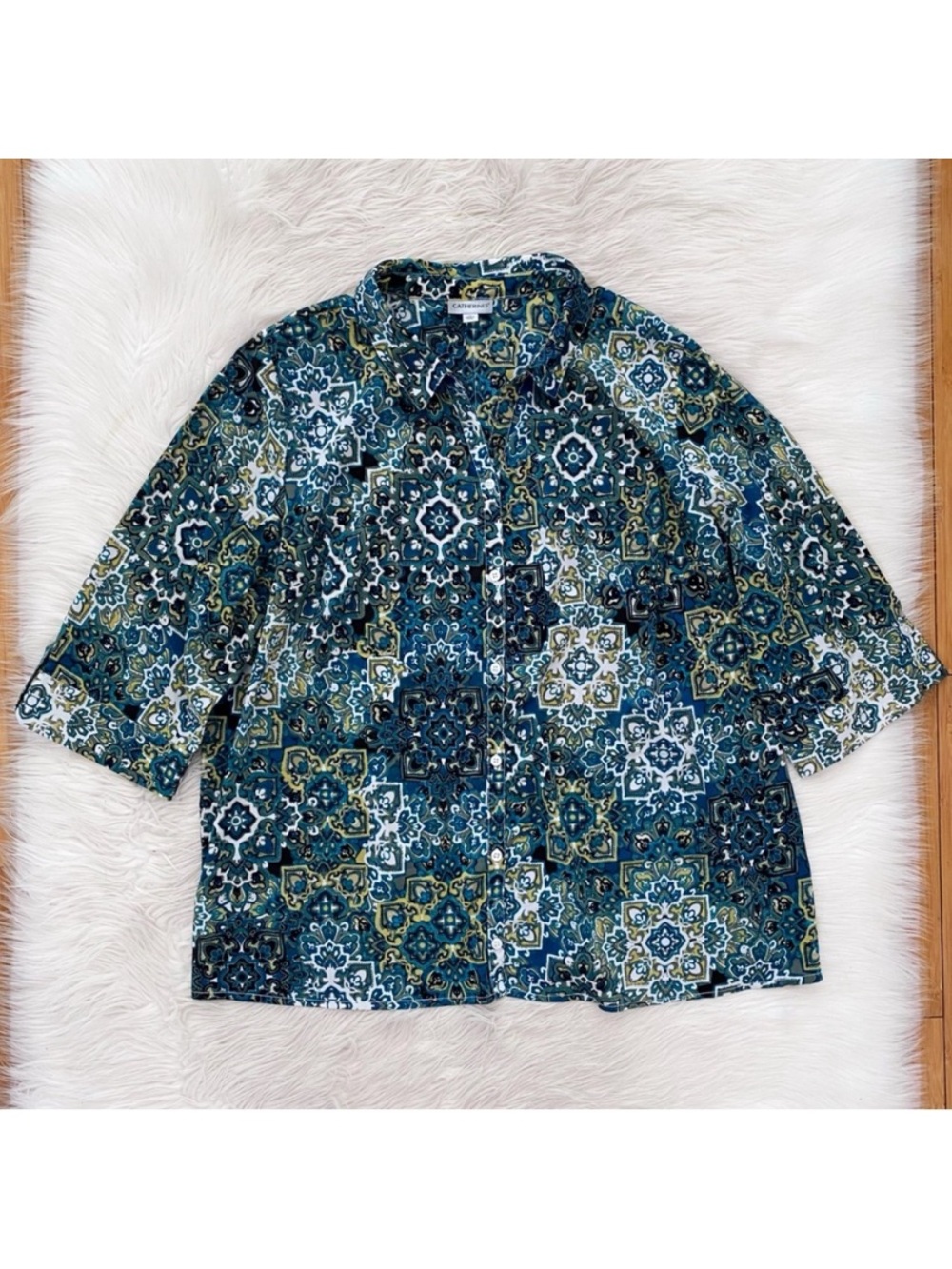 Catherines Timeless Blouse Deep Teal Tile Paisley Blue Green Button Up Shirt 2X - Picture 2 of 10